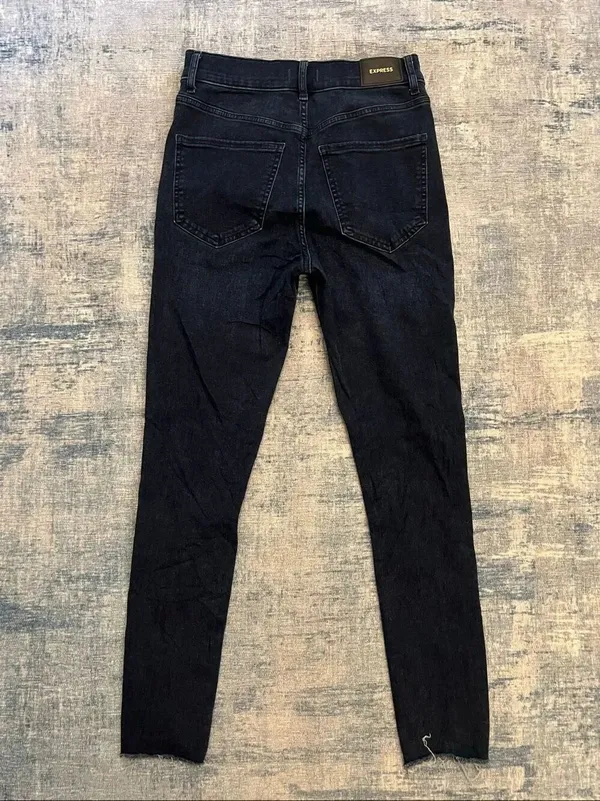Express Dark Blue High Rise Asymmetrical Distressed Hem Skinny Jeans Size 4R - Image 2