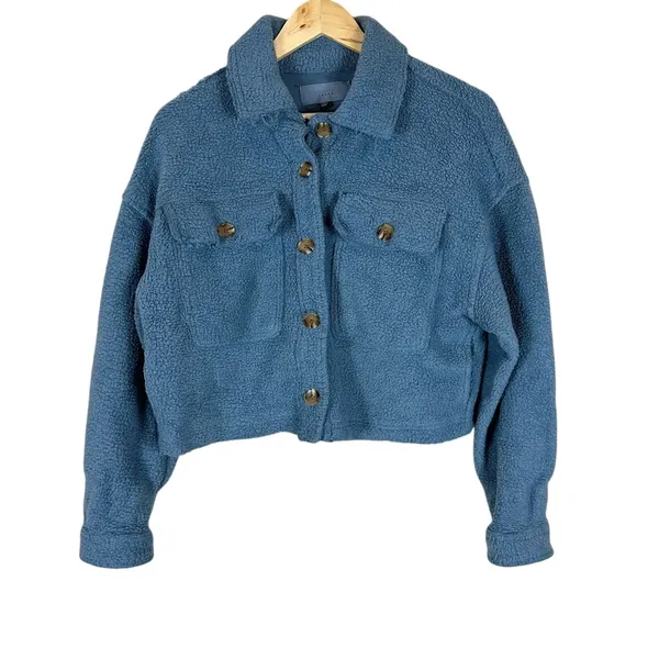 Blank NYC Cropped Sherpa Trucker Jacket Womens‎ L Blue Fleece Cozy 90s Retro - Image 2