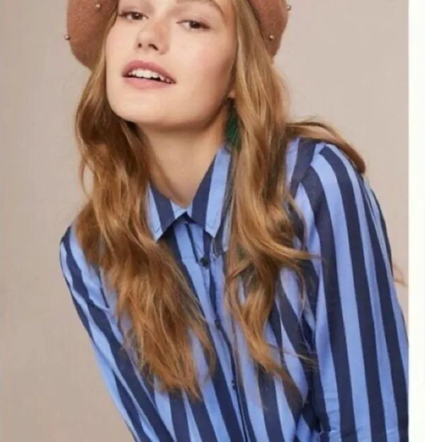 Maeve Anthropologie Breckinridge Blue Striped Button Down Blouse NWOT - Image 3