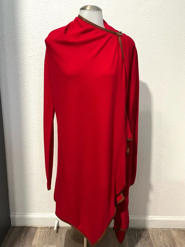 Ralph Lauren Red Drape Open Cardigan Leather Trim Women's Sweater Size Small - Image 2