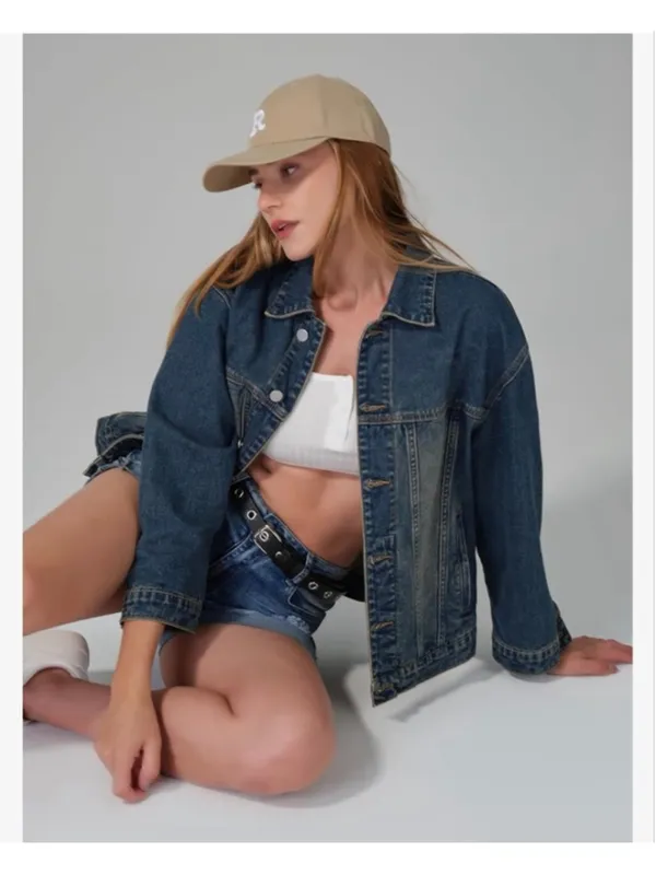 NEW Denim Jacket Oversized Button Long Sleeve Washed Jean Trucker Jacket L - Image 9
