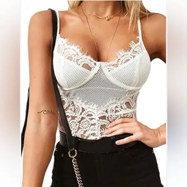 Mesh & Lace Teddy Bodysuit White‎ Bachelorette Party Going Out Outfit Size S New - Image 7