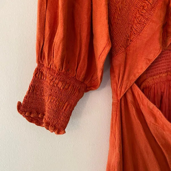 Free People Red Orange String of Hearts Button Down Puff Sleeve Maxi Dress Small - Image 5