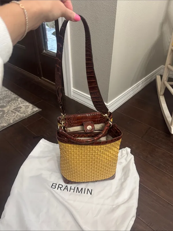 Brahmin Yellow Woven Bucket Bag with Brown Croc Trim - Image 2