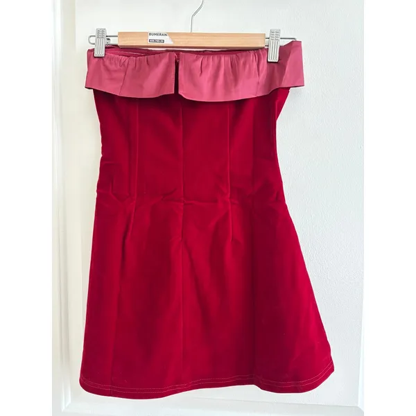 Strapless Velvet‎ Mini Dress Womens Burgundy Excellent Satin Trim Bodycon Party - Image 3