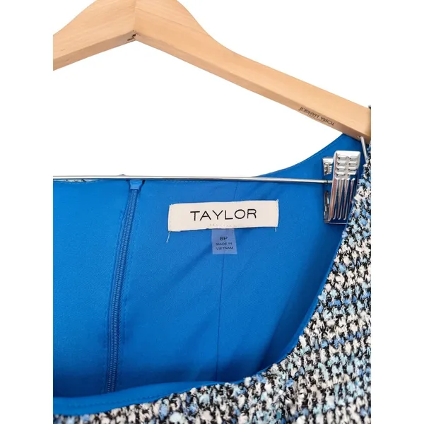 Taylor Blue White Tweed Bow Detail Mini Dress Square Neck Fit Flare Size 8P NEW - Image 5