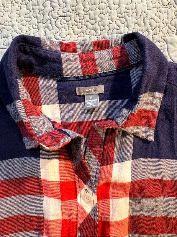 💥Aerie Plaid Flannel Pajama Romper Button Front Drawstring Red Navy Sz M💛 - Image 7