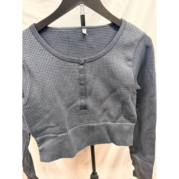 Aerie Offline Main Squeeze Waffle Knit Seamless Crop Henley Long Sleeve Top Sz L - Image 2
