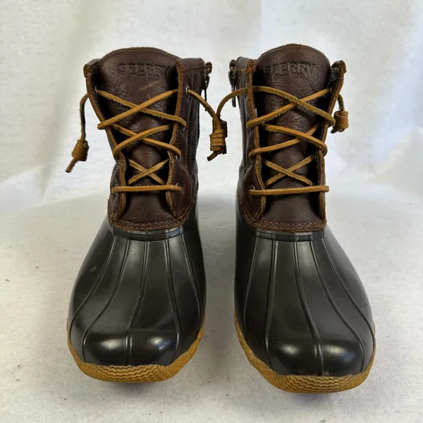 Sperry Women's 7.5 Duck‎ Boots Brown Leather Rubber Waterproof Winter Rain Boots - Image 2