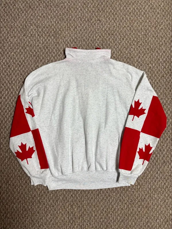 Vintage 90s Style Canada White and Red Canadian Flag Crewneck Quarter Zip Sweater - Image 2