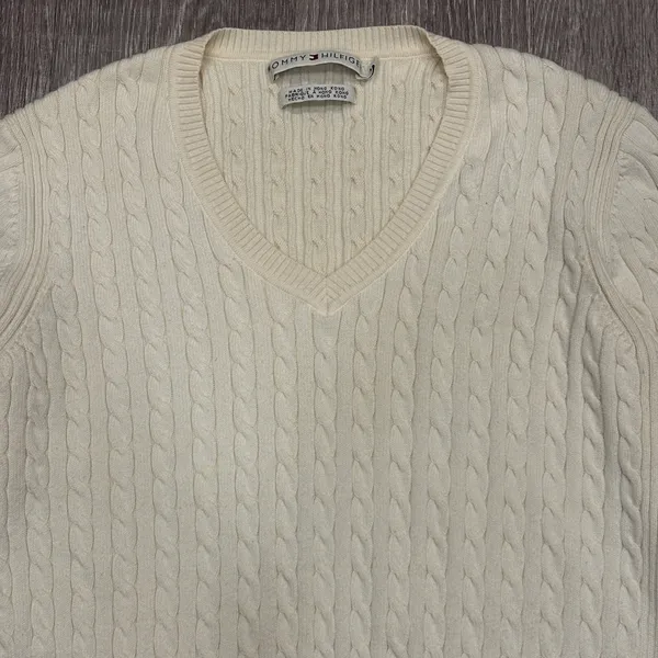 VTG 90s Tommy Hilfiger Womens Cream Cable Knit V-Neck Sweater Preppy Classic Med - Image 3