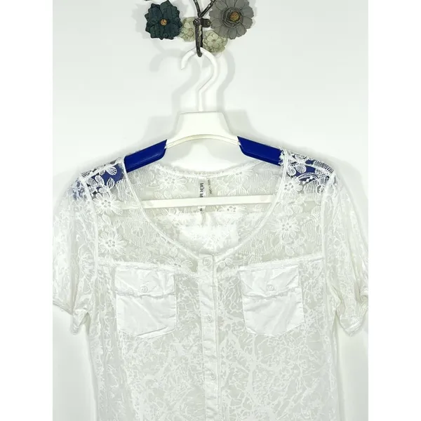 Mur Mur Anthropologie White Burnout Lace Yoke Button Front Top Sheer Size Small - Image 3