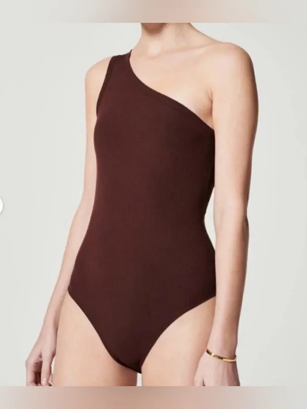NWT Spanx Ribbed One Shoulder Bodysuit Raisin Brown Top‎ Size small - Image 2