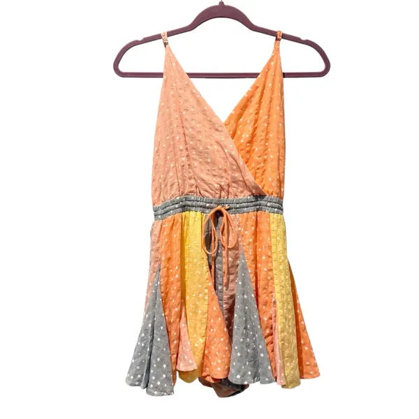 Storia Star Patchwork Polka Dot Tie Waist Romper Orange Yellow Grey‎ Size Medium - Image 2