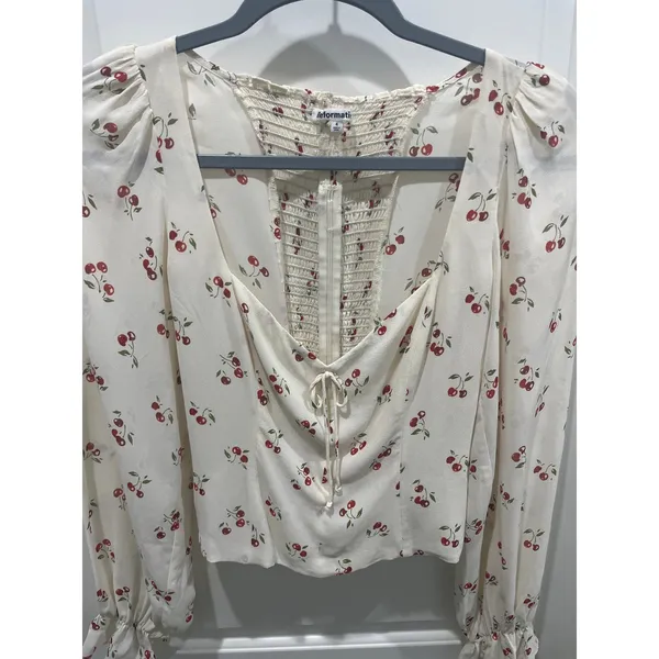 Reformation Chase Cherry Print Blouse Sz 4 - Image 3