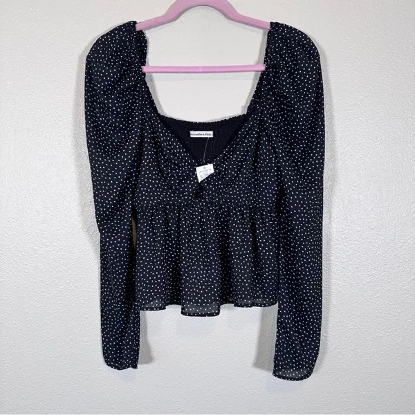 Abercrombie & Fitch Black Polka Dot Puff Sleeve Blouse Womens M Cropped Smocked - Image 11
