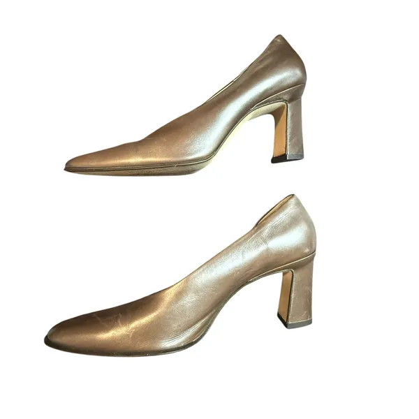 Evan-Picone New York Metallic Bronze Leather Block Heel Pumps Size 8B - Image 2