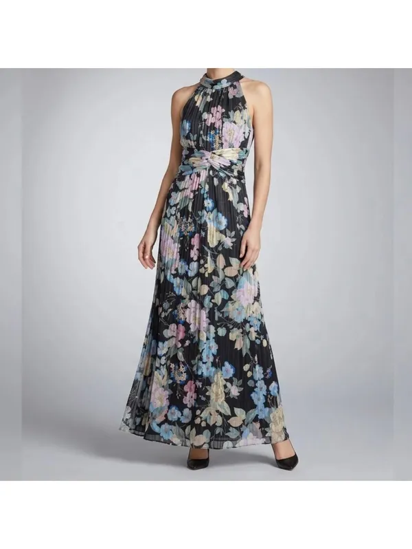 Adrianna Papell Black Floral Halter Maxi Dress Women 8 M - Image 11