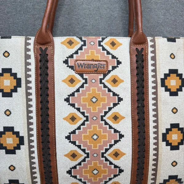 Wrangler Southwestern Canvas Tote Bag Large Aztec Print Faux Leather Trim Brown - Image 3