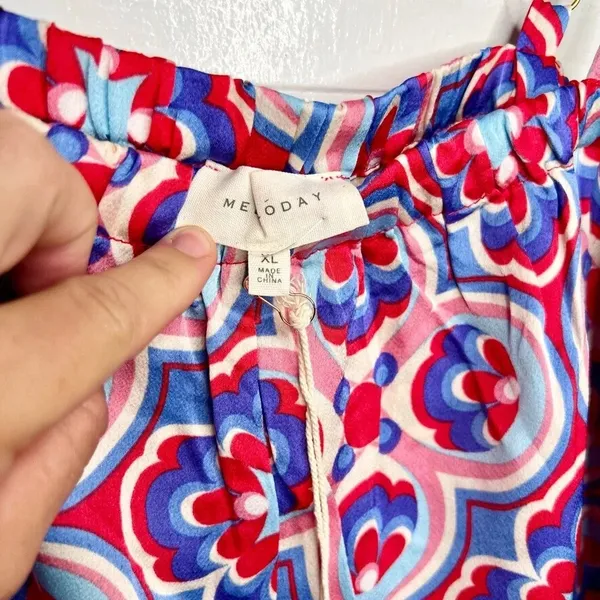 Melloday Printed Wide Leg Patterned Pocket Jumpsuit Size XL Red Blue - Image 7