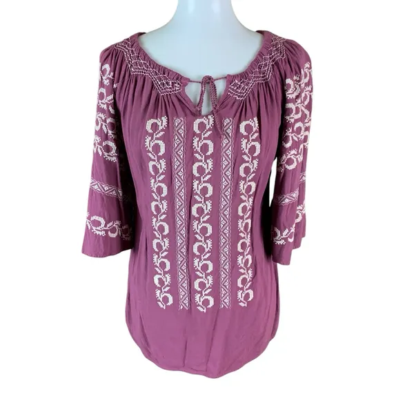 Sincerely Mary Boho Peasant Top Embroidered 3/4 Sleeve Tunic Blouse Purple Small - Image 2