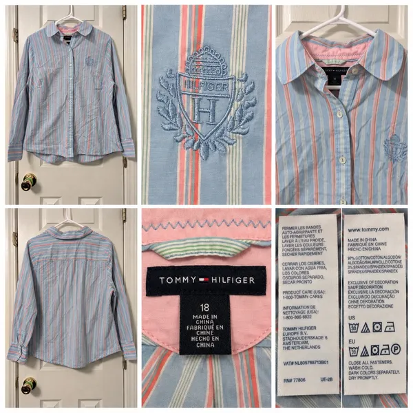 Tommy Hilfiger Women's Size 18 Blue Pink Striped Button Down Shirt Embroidered - Image 2