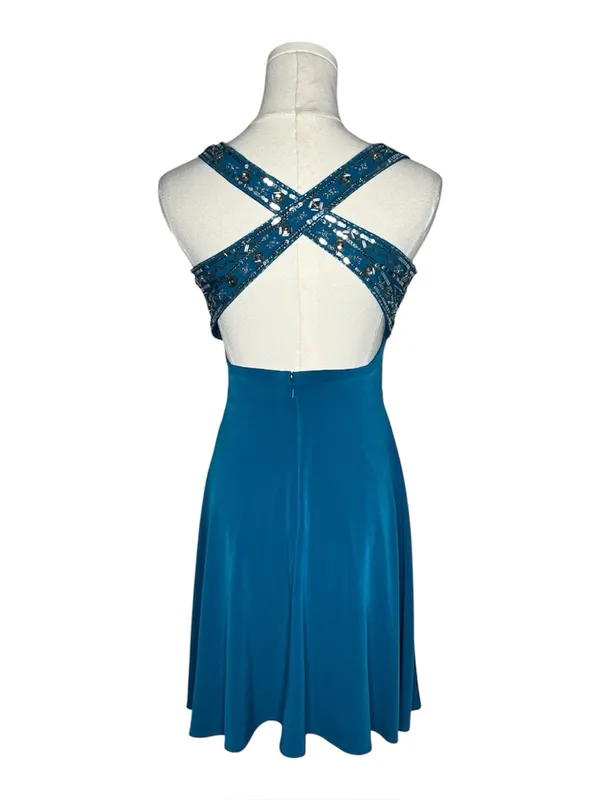 Vintage Blue Beaded Waist Criss Cross Back Mini Cocktail Dress Party Fairycore - Image 4
