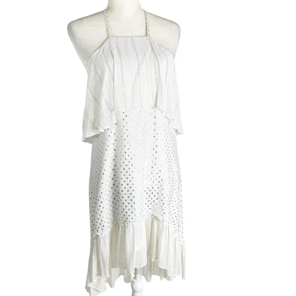 Anthropologie Kopal Tiered Mini Dress White with Metallic Threads Size S - Image 2