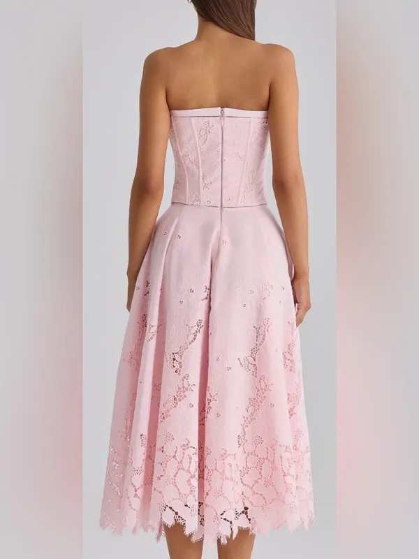 NEW HOUSE OF CB Belissa Strapless Broderie Anglaise Midi Pink Dress sz XS - Image 2