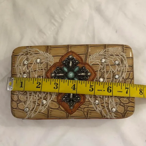 Western Boho Hippie Indie Tan cream western large beaded clutch bag purse wallet rhinestones angel wings dedazzled embellished silver tone Measurements in pics - Image 6