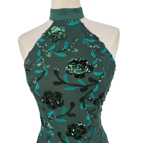 NWT Lulus Emerald Green Sequin Floral Halter Backless Mini Dress Size Small - Image 6