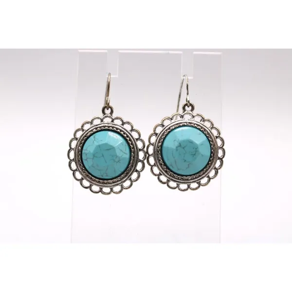Silver Faux Turquoise Dangle Earrings Ornate Framing Southwest Boho Silver Tone - Image 2
