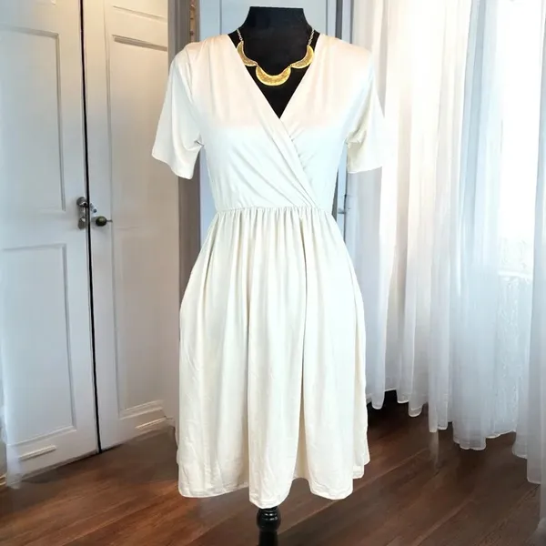 zenana faux wrap dress sand cream fit &‎ flare pockets casual surplice small - Image 6