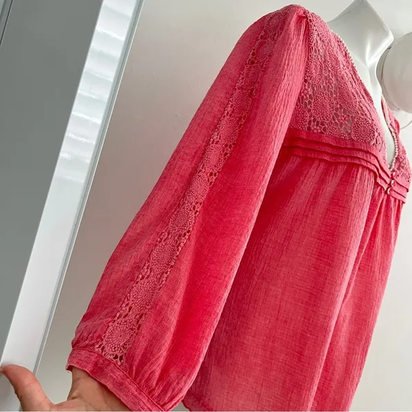 Anthropologie boho babydoll lace blouse top Pink coral SMALL NWOT - Image 5