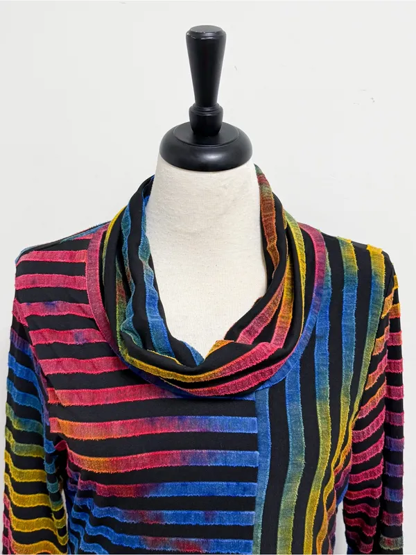 Feratelli Ombre Rainbow Stripe Cowl Neck Asymmetrical Hem Wearable Art Tunic L - Image 2