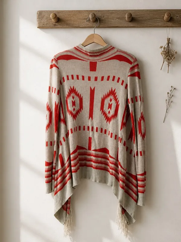 Umgee Red and Tan Fringe Open-Front Cardigan - Image 4