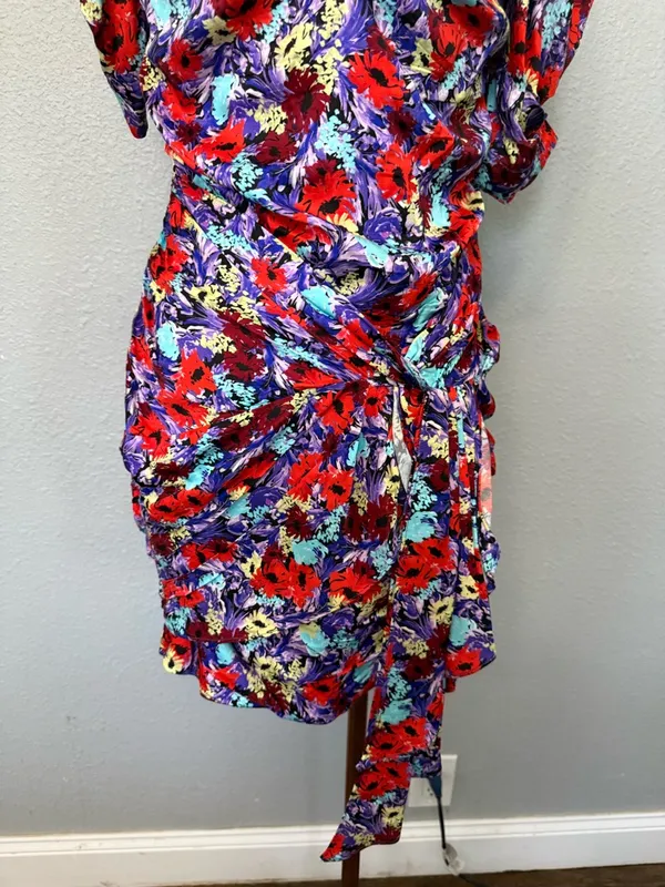 For Love & Lemons Chiara Purple Floral Ruched Puff Sleeve Mini Dress Size Medium - Image 5