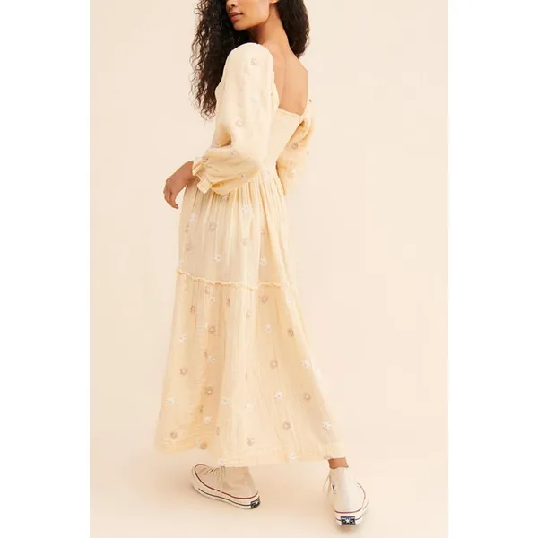 Free People Dahlia Embroidered Maxi Dress Sand Gauzy Smocked Size Small Cotton - Image 12
