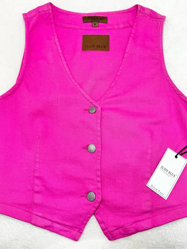 Judy Blue Pink Denim Stretchy Waistcoat Vest Size Medium - Image 5