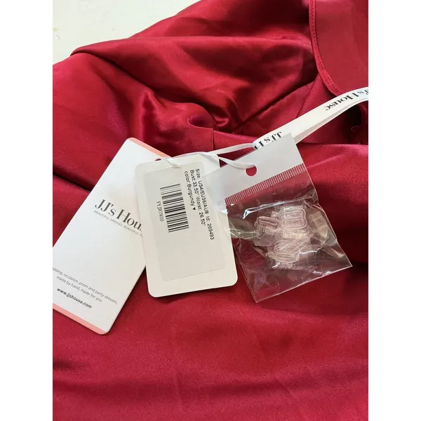 JJs House Burgundy Satin One Shoulder Ruffle Maxi‎ Gown Dress Pockets Size 4 NEW - Image 8