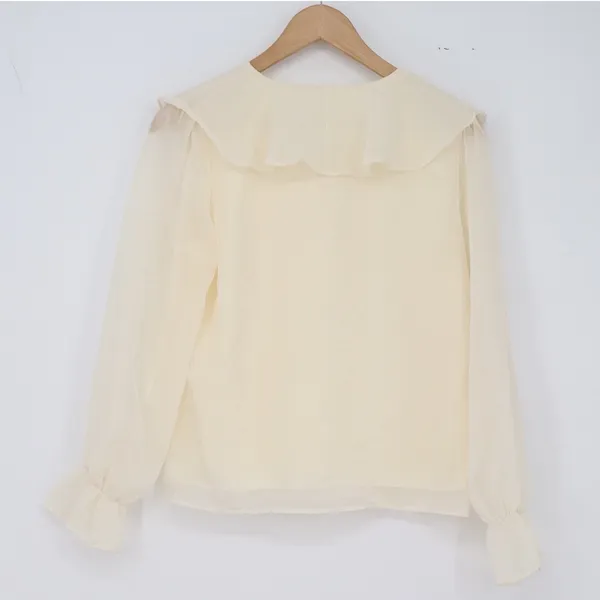 Bu Yi Du Blouse Womens M Ruffle Collar Tie Neck Cream Sheer Shimmer Excellent - Image 3