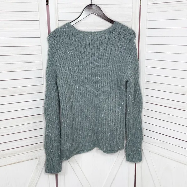 Nine West Scalloped Sleeve‎ Sequin Shimmer Sweater Sage Green Silver XS - Image 8
