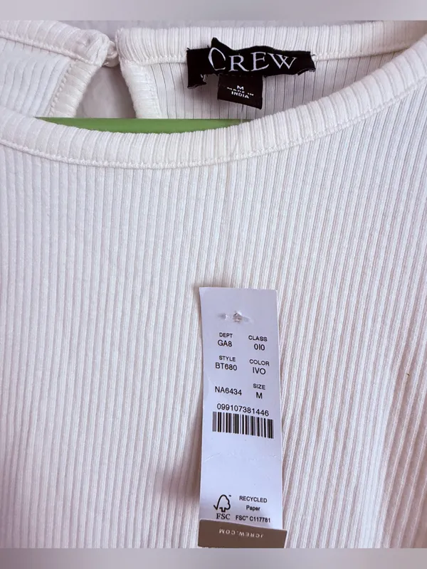 J.Crew Ruffle Trim Eyelet Vintage Ribbed Long Sleeve Top Beige Sz M - Image 5
