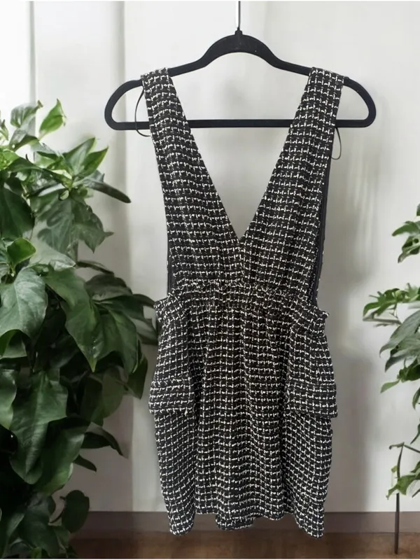 Zara Textired Tweed Overall/Pinifore Mini Dress With Pockets Small - Image 3