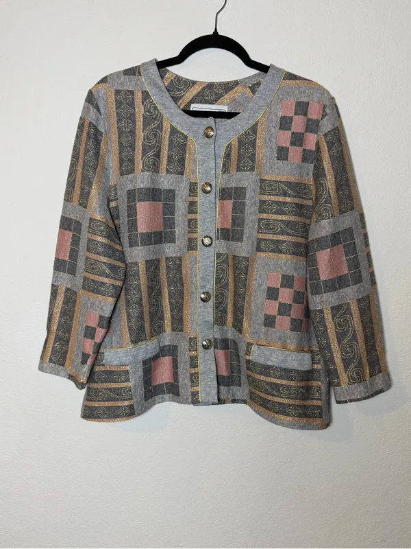 Vintage 80s Pablo Collection XL Metallic Patchwork Knit Jacket Made USA - Image 2