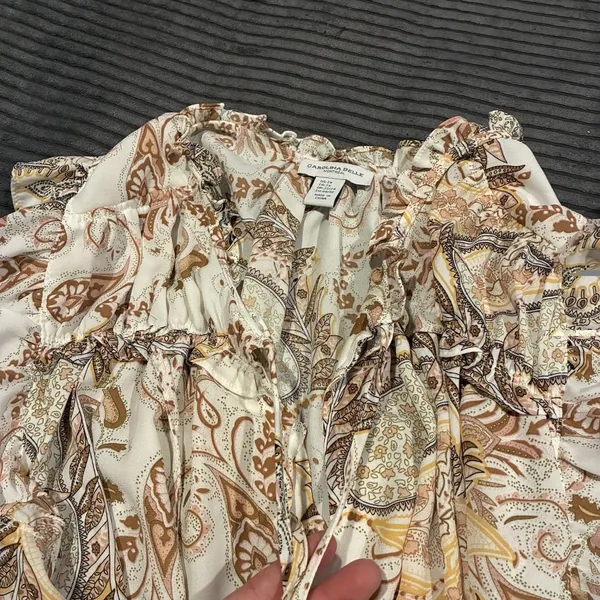 CAROLINA BELLE MONTREAL Womens 2X Paisley Career Sleeveless Ruffles Beige Top - Image 7