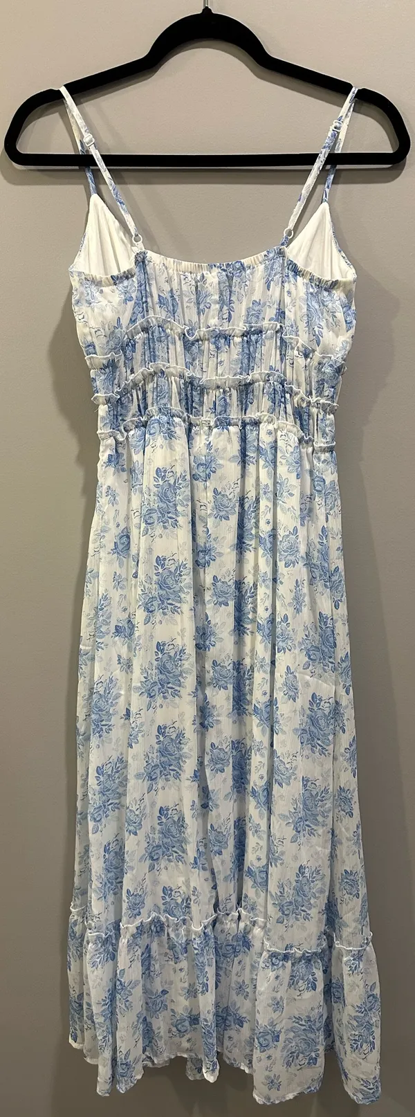 Altar’d State Floral Ruffle Bottom Midi Dress Off-White and Blue - Image 2