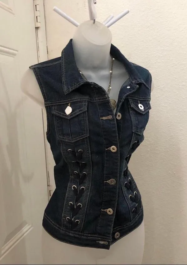 Y2K Mcbling Goth Grunge Cyber Punk Denim Jean Corset Lace up Corset Vest Jacket Shirt Top Blouse Navy Blue Cargo Pockets Sleeveless Dark Wash #whimsygoth #preppy #subversive #acubi #academia Size M - measurements in pics - Image 2