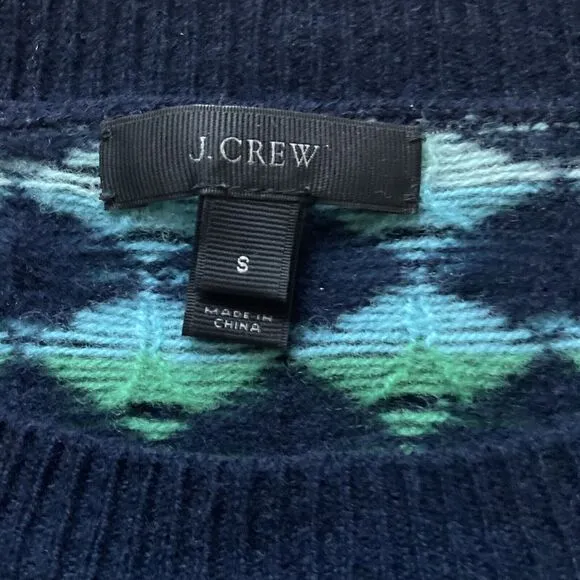 J Crew‎ Women Argyle Crewneck 100% Lambs Wool Sweater Y2K Preppy S Blue Green - Image 2