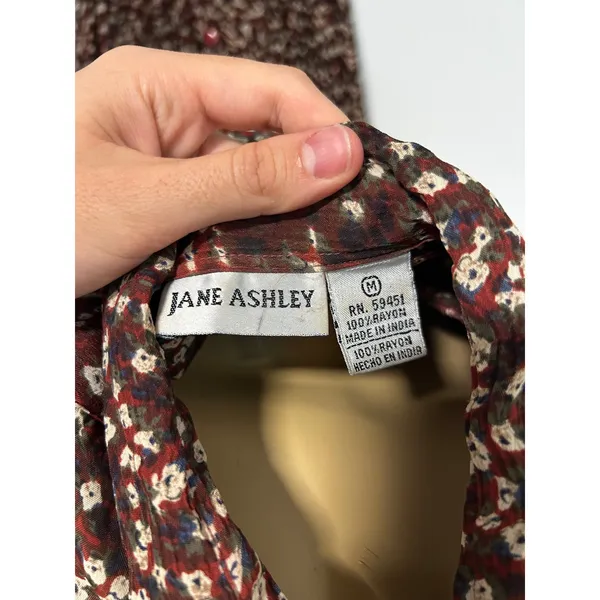 VINTAGE Jane Ashley Burgundy Floral Two Piece Shirt and Pleated Midi Skirt ML - Image 3